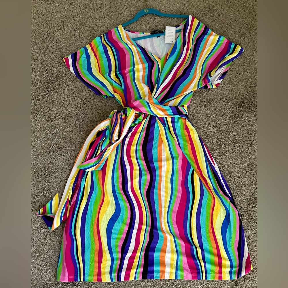 Eloquii Plus Size Midi Wrap Dress, Rainbow Stripe